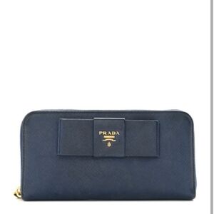Prada Navy Blue Saffiano Fiocco Bow Zip Around Wallet Bluette